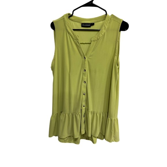 Nina Leonard Ruffle Button Up Tank Top Chartreuse Sz Large Sleeveless Tunic - Picture 1 of 10